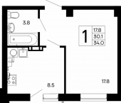 1-комн, 34 кв м, этаж 1/8 Симферопольское шоссе, 46а